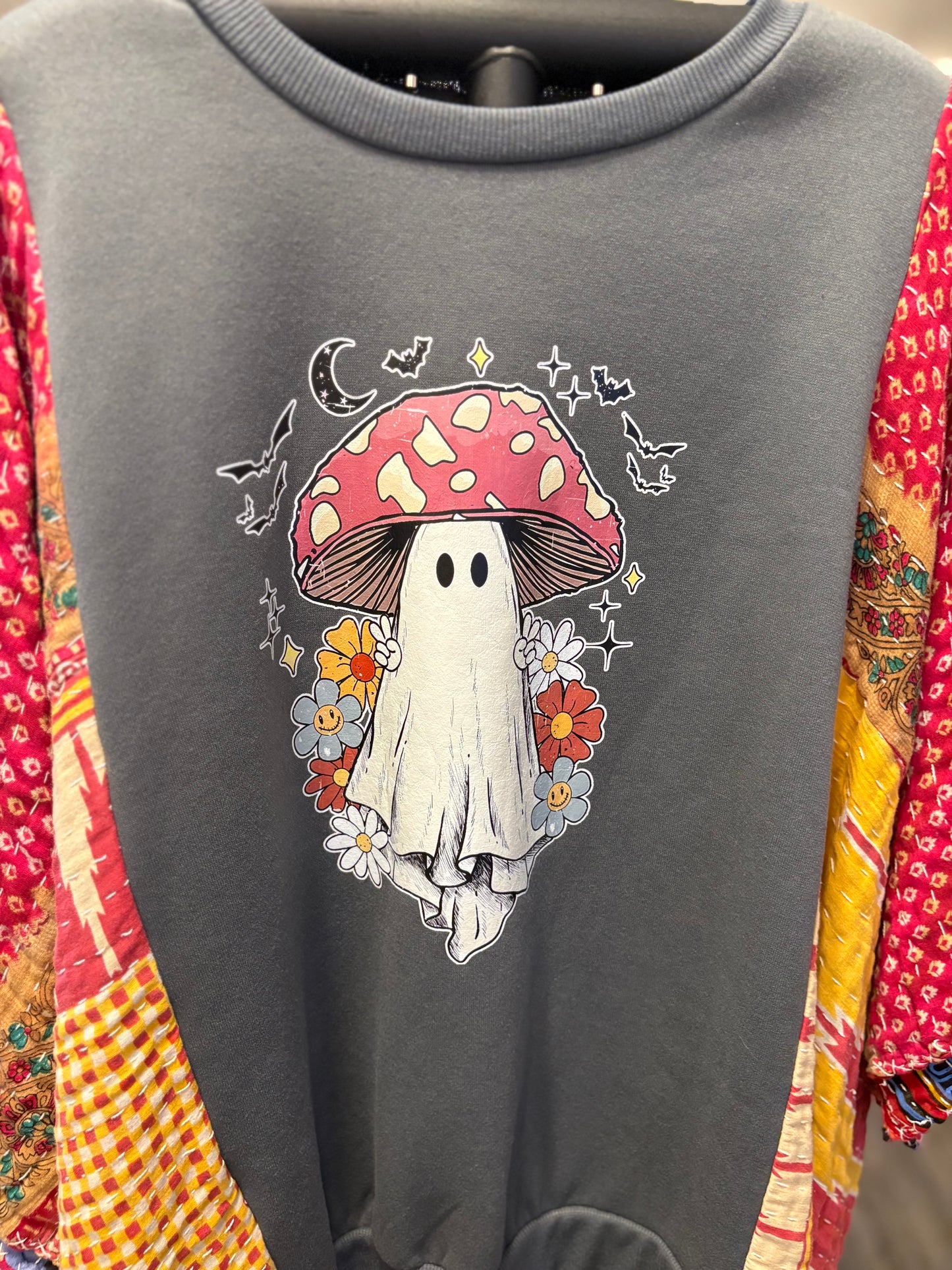 Mushroom Ghost Upcycled Vintage Kantha Poncho Tee Fits A Size Small to XXL