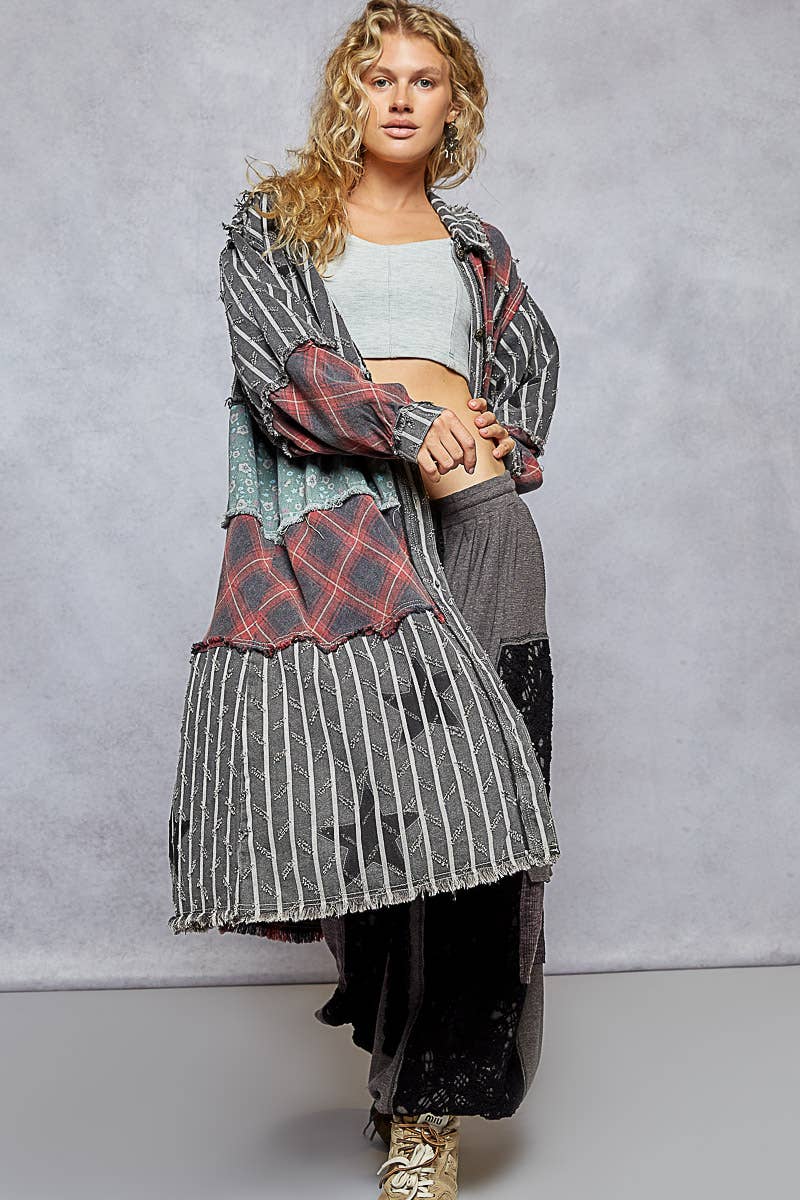 Star patches color block long button down jacket: BLACK STRIPE Medium