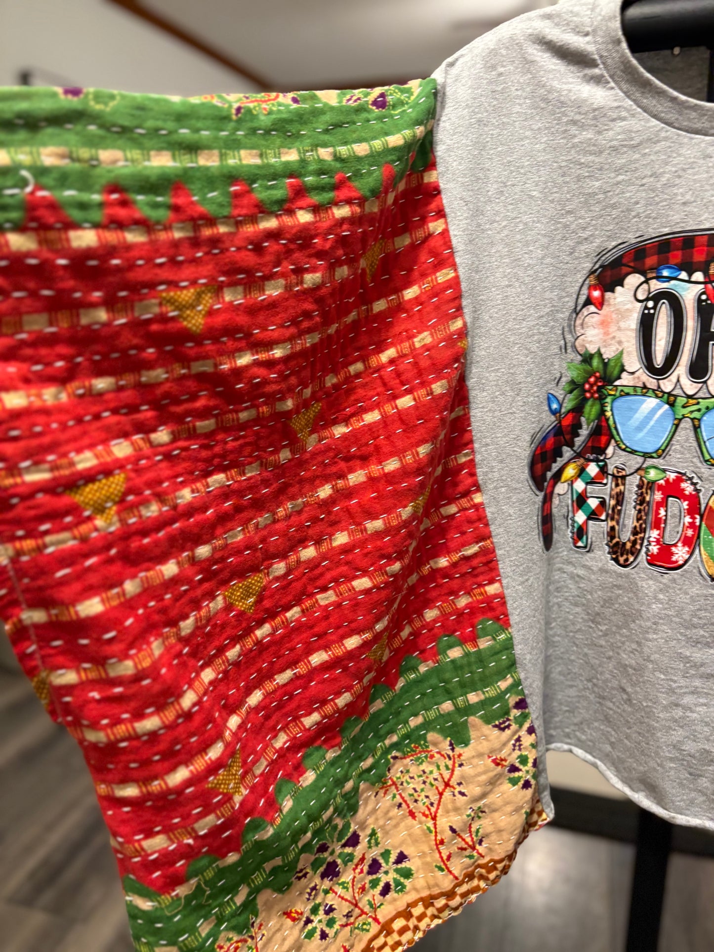 Oh Fudge Upcycled Vintage Kantha Poncho Tee Fits A Size Small to XXL