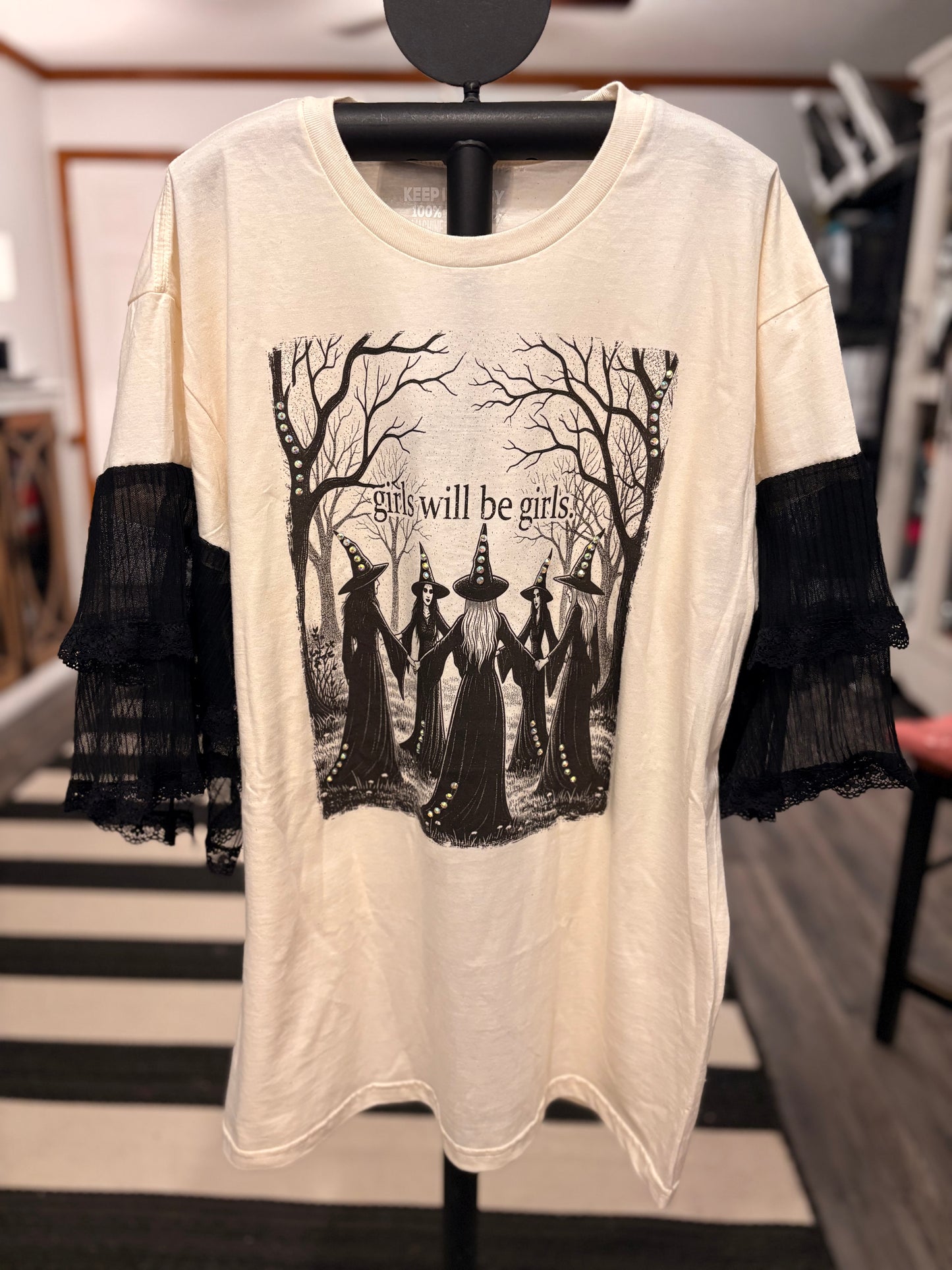 Girls Will Be Girls Rhinstone Tee with Chiffon Sleeves.. One Size Fits a Small to Large