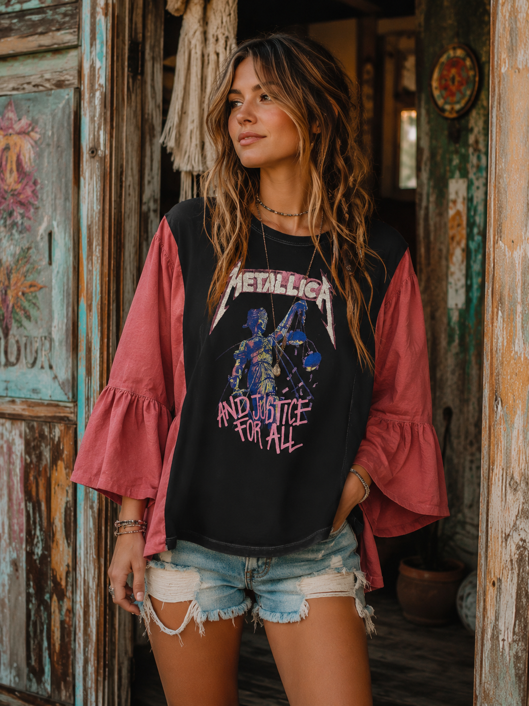 Justice Upcycled Flare Sleeve Tee One Size Fits a Small to XL