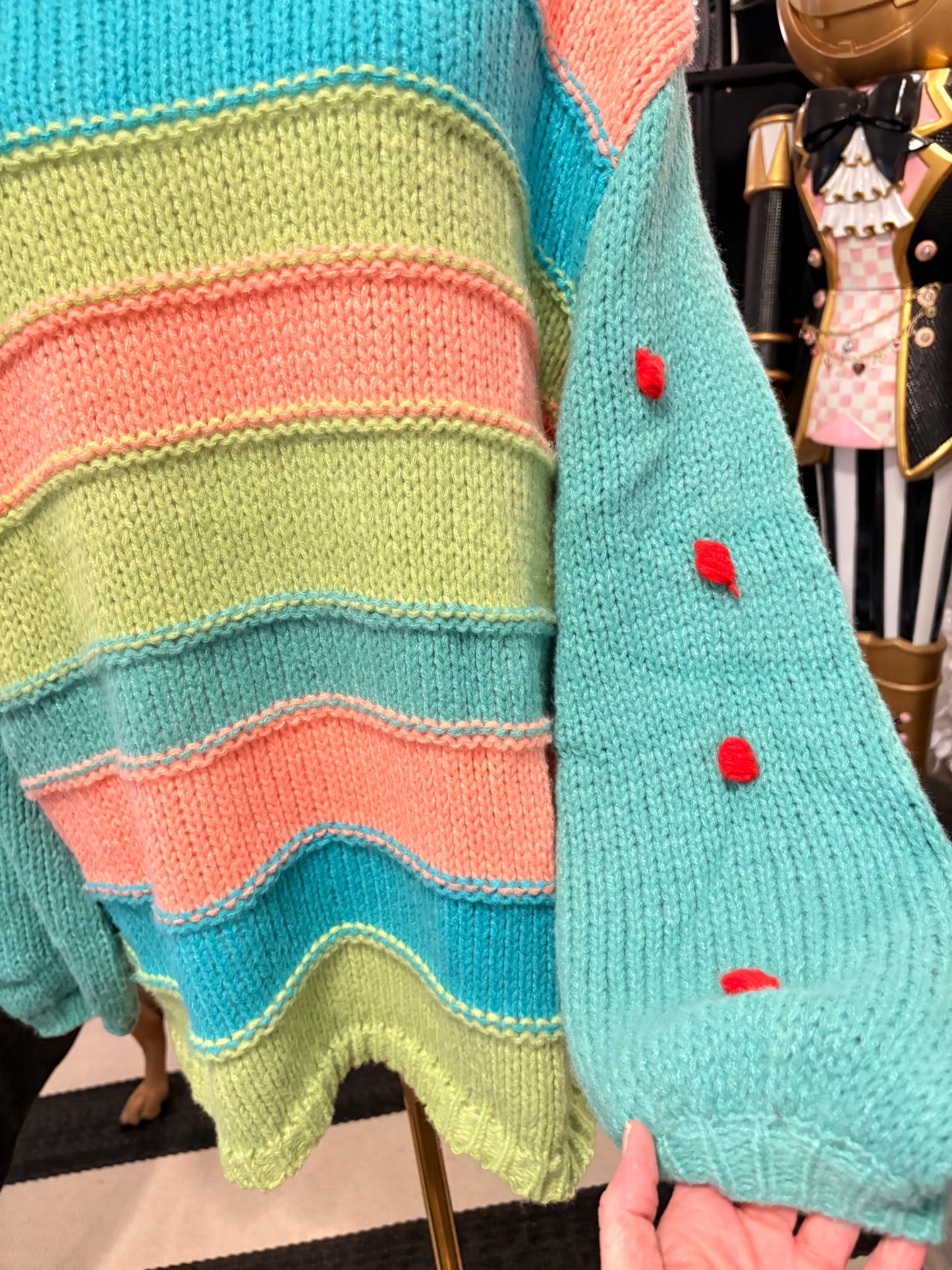 Teal Striped Pom Pom Sleeve Sweater