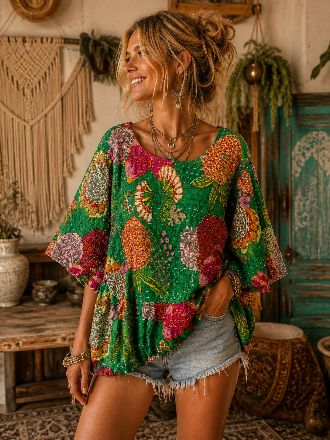 Endora Kantha Circle Top One Size Fits a Small to 3X