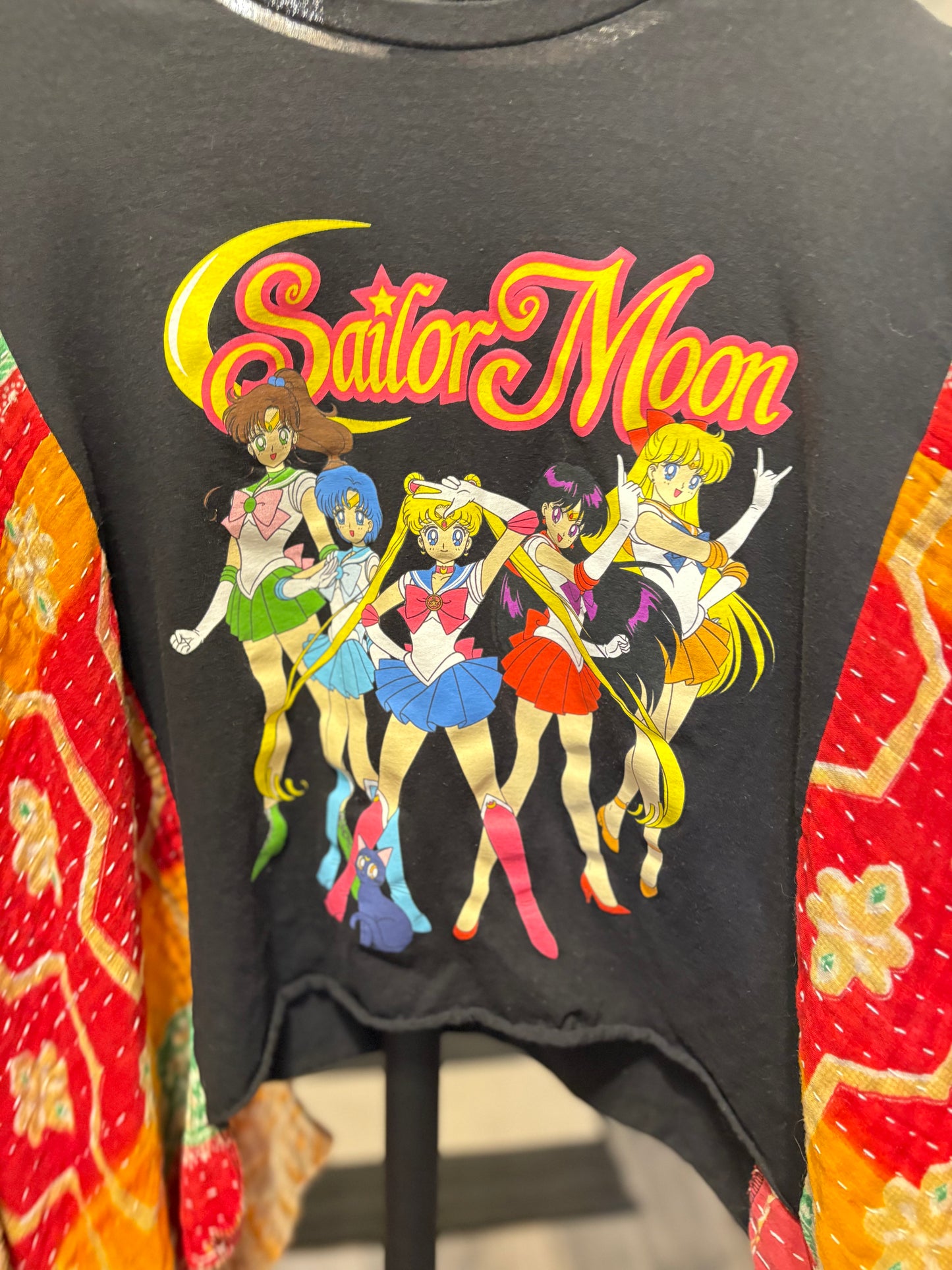Sailor Moon Upcycled Vintage Kantha Poncho Tee Fits A Size Small to XXL CROPPED