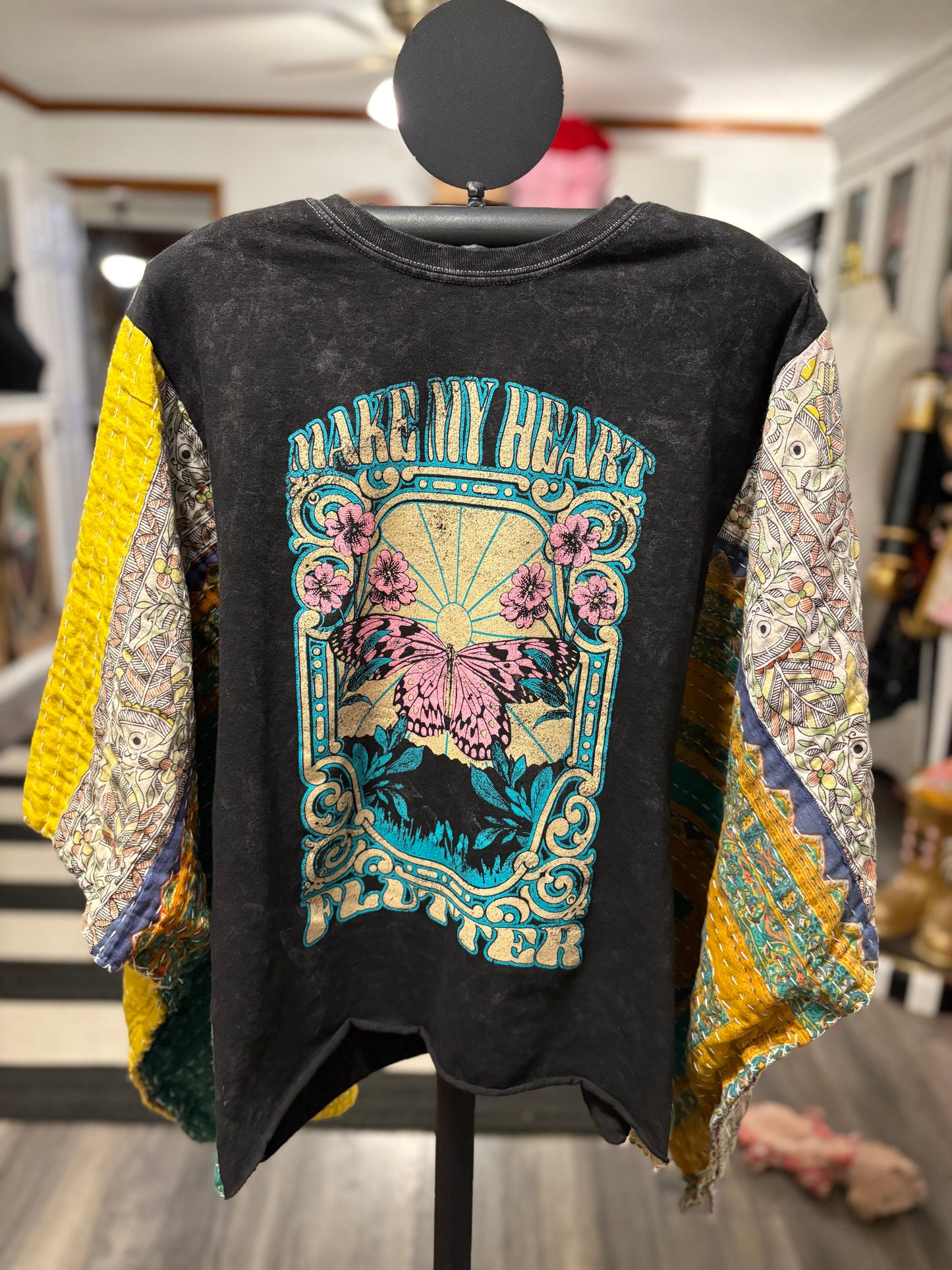 Flutter Upcycled Vintage Kantha Poncho Tee Fits A Size Small to XXL