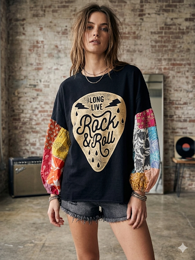 Long Live Rock Puff Patchwork Sleeve Tee Fits a Small to XXL
