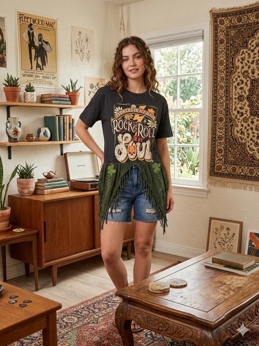 Rock and Roll Upcycled Fringed Bottom Tee Dress Fits a Small to XL
