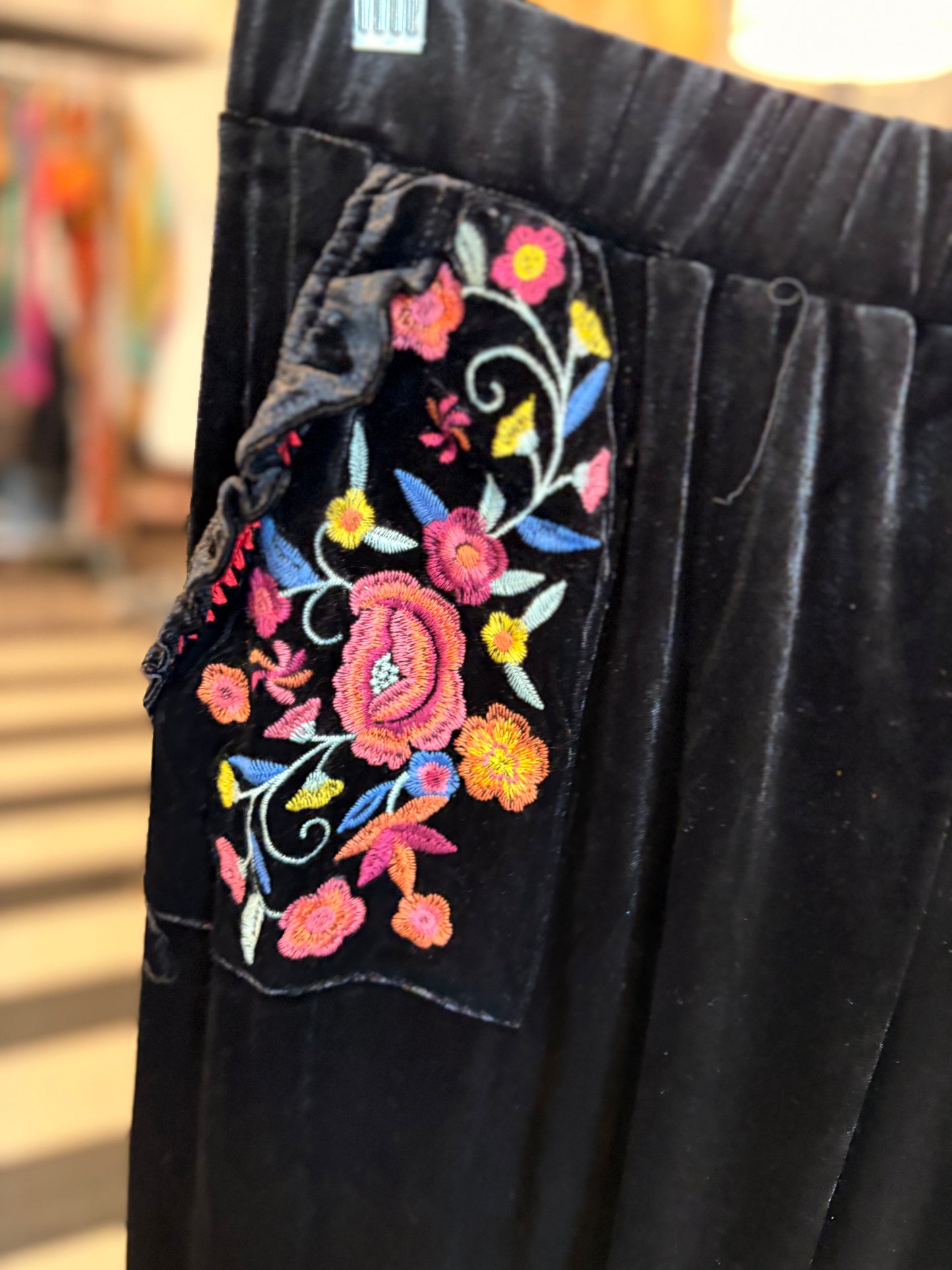 Black Embroidered Velvet Ruffled Bottom Pants