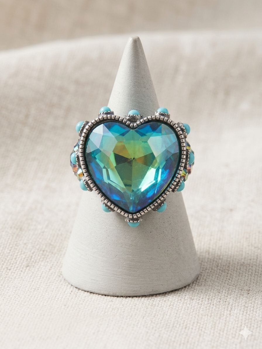 Bling Bling Glass Stone Western  Ring Adjustable: HEART - TURQUOISE