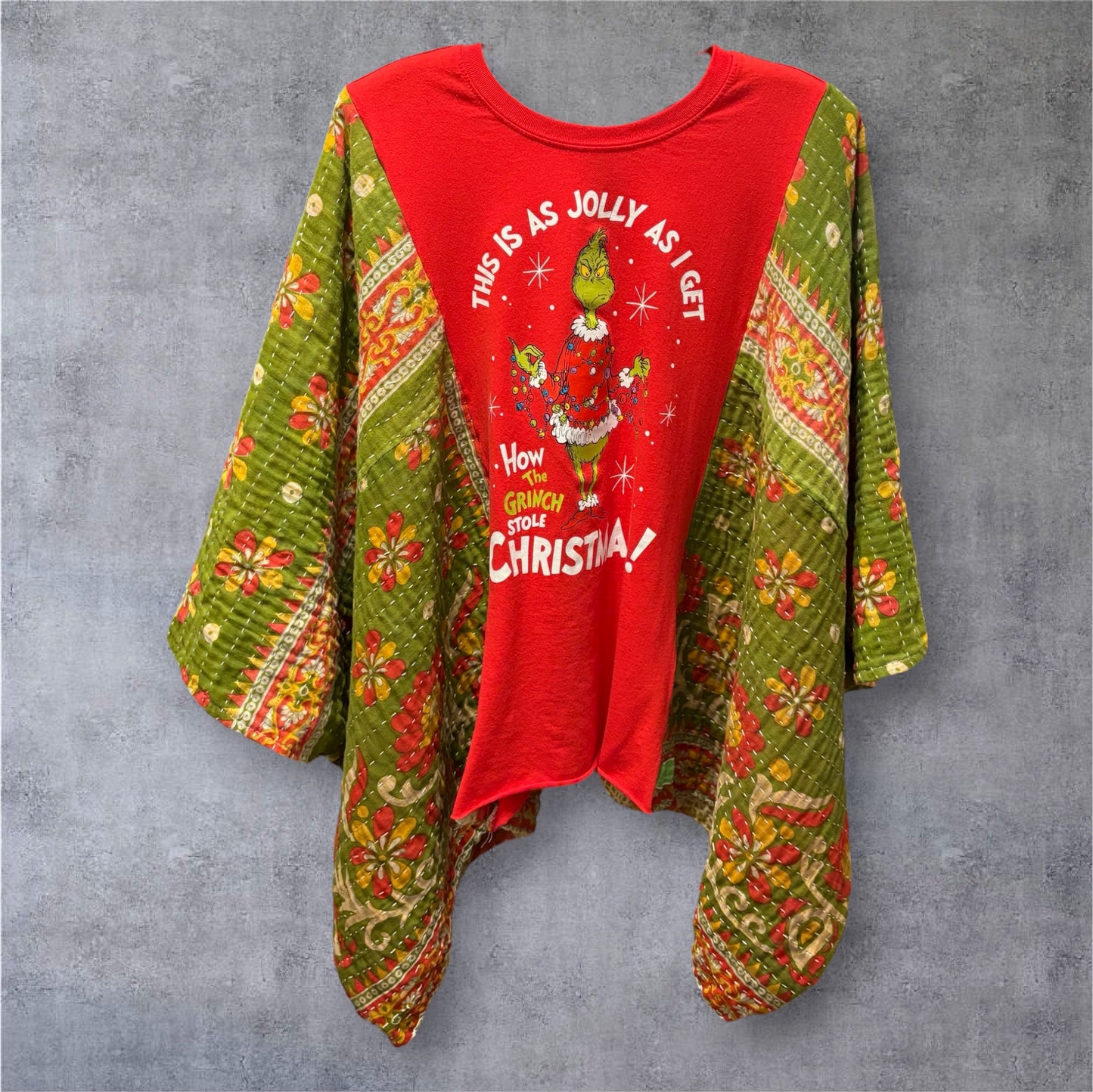Jolly Grinch Vintage Kantha Quilt Poncho Tee One Size Fits a Small to XXL