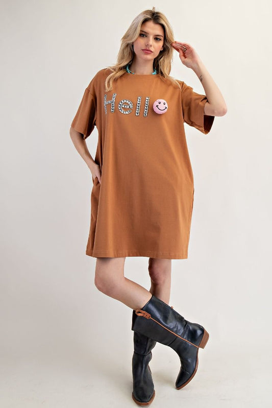 Caramel Hello Patched Tunic Tee Dress