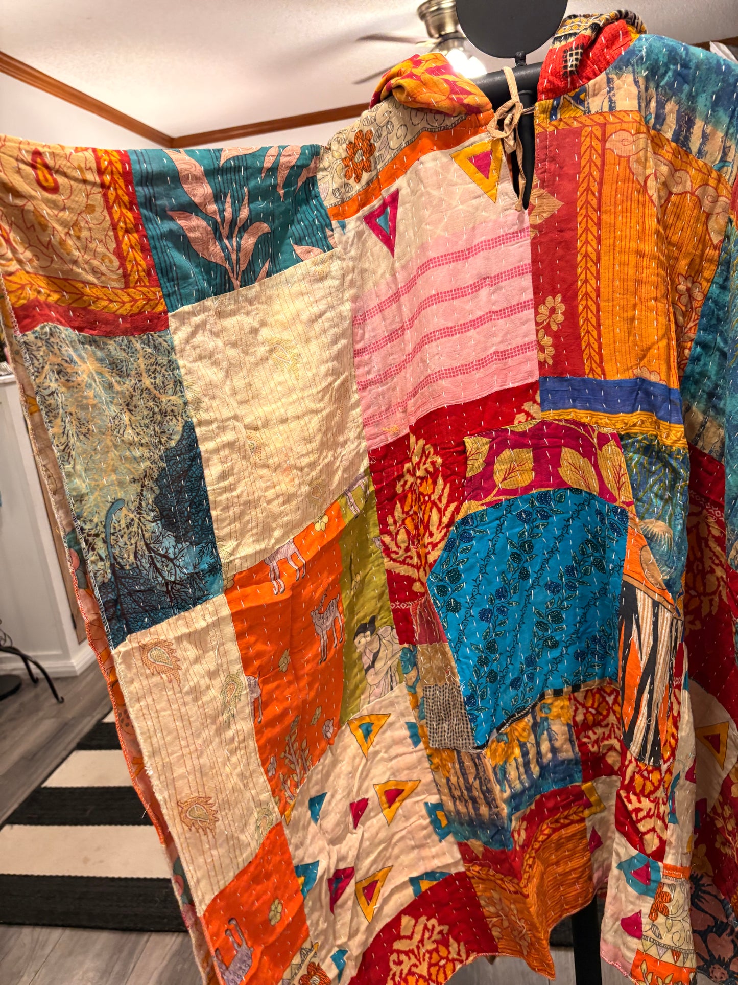 Faith Vintage Kantha Fabric Hood Oversized Poncho Top Dress One Size Fits Most