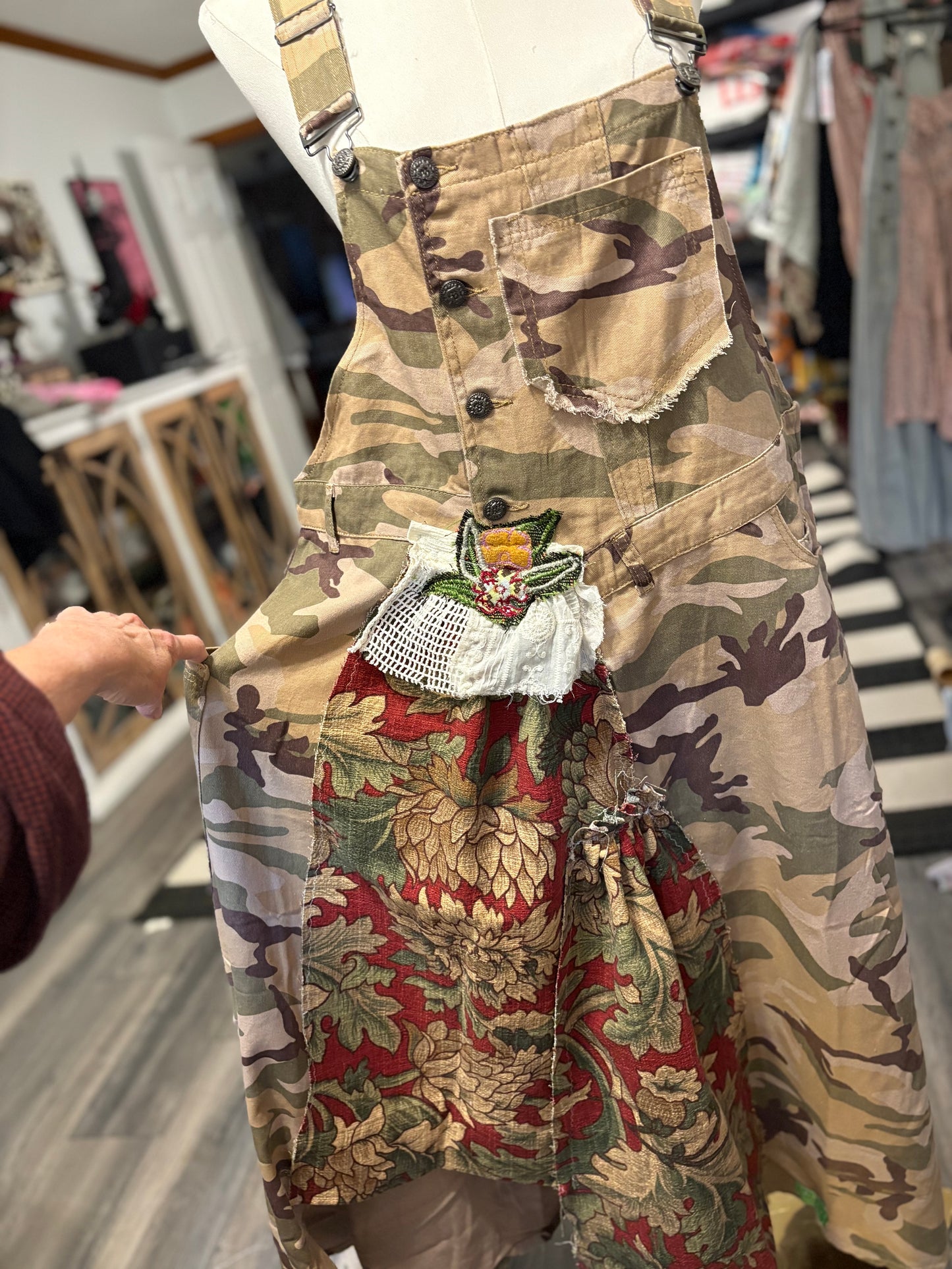 Floral Camo Upcycled Patchwork Overall Dress One Size Fits a Small to XL