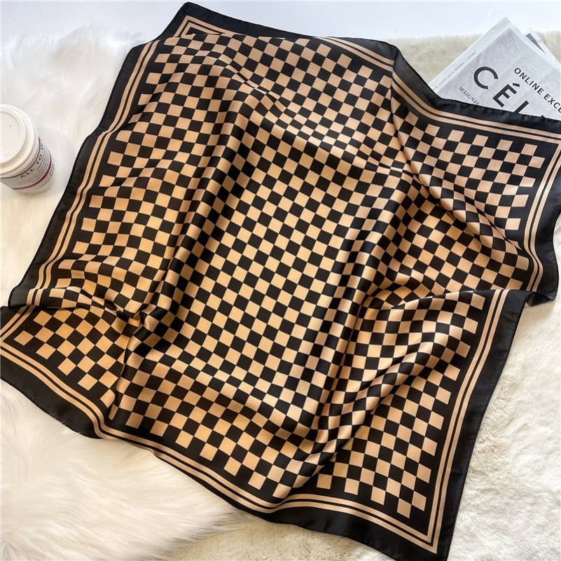 LARGE CHECKER PRINT SILKY FEEL BANDANA SCARF | 40SC692: Black