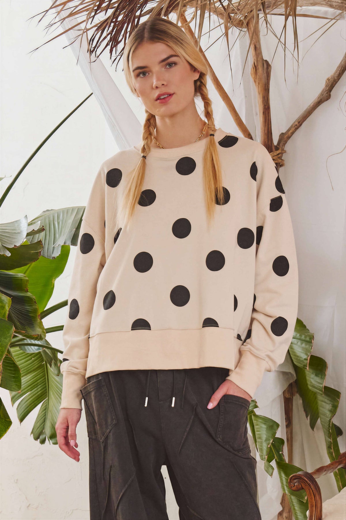 PLUS SIZE POLKA DOT SWEATSHIRT: Beige