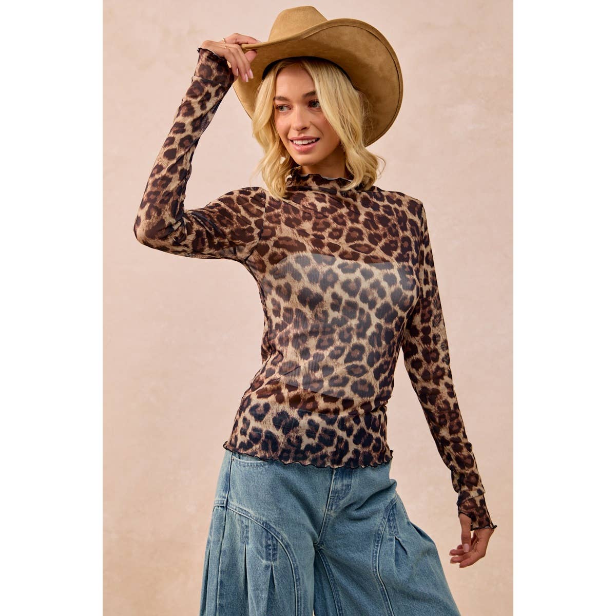 MESH LEOPARD PRINTED TOP WITH LONG SLEEVES: LEOPARD / S-XL