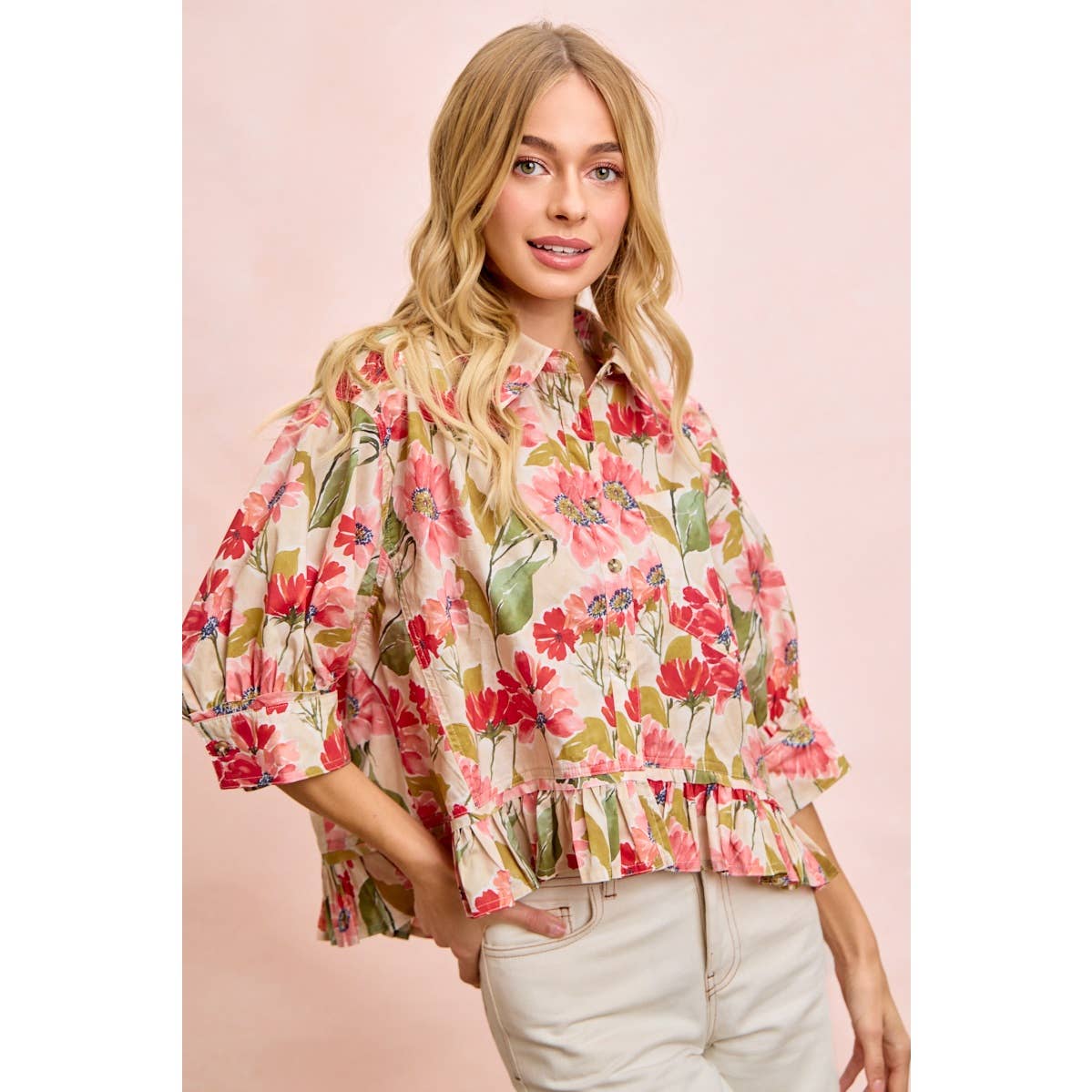 FLORAL PRINT RUFFLED HEM QUARTER SLEEVES SHIRT TOP: FLORAL / XL