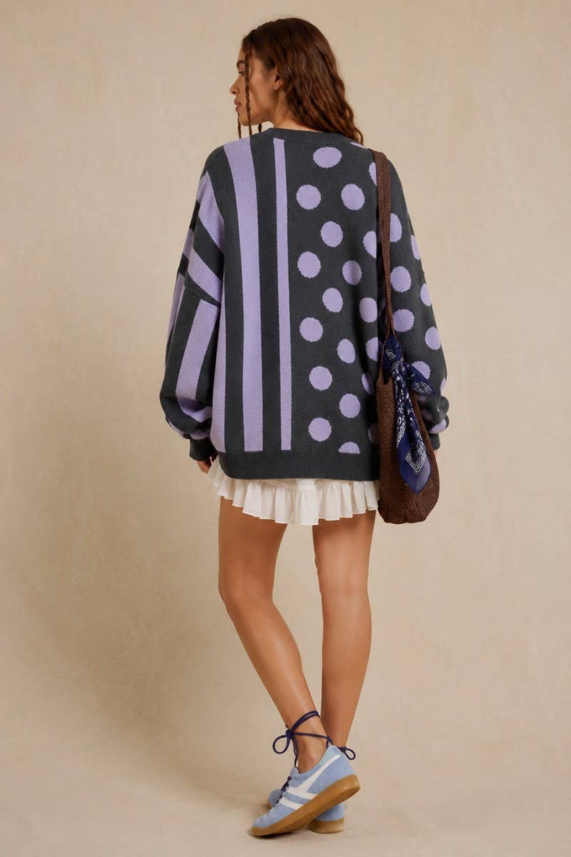 MIX DOT & STRIPE KNIT CARDIGAN: CHARCOAL/LAVENDER