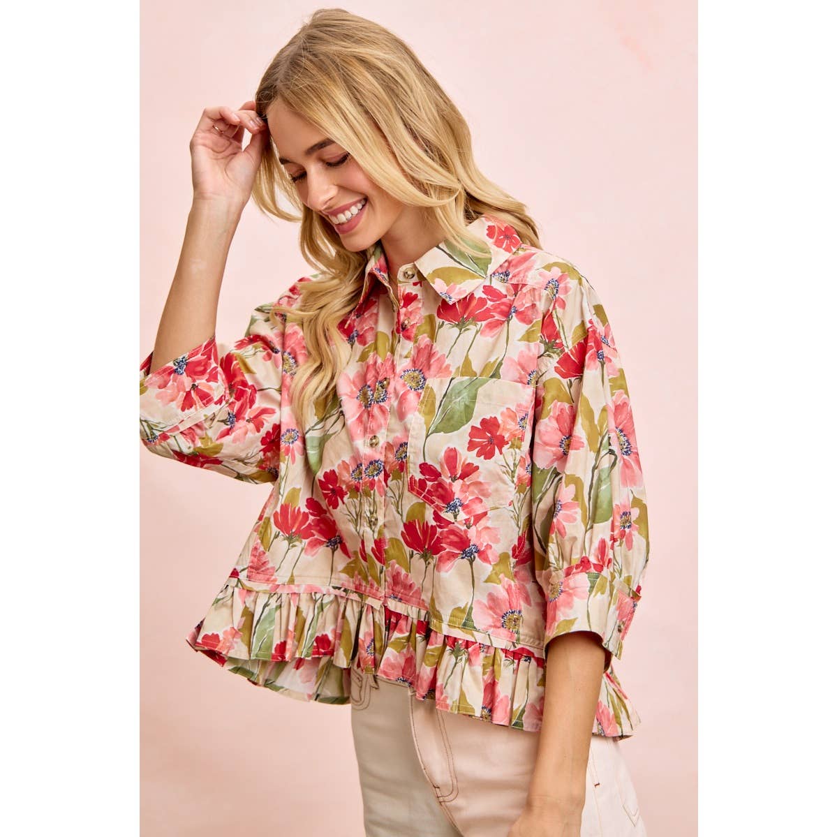 FLORAL PRINT RUFFLED HEM QUARTER SLEEVES SHIRT TOP: FLORAL / M