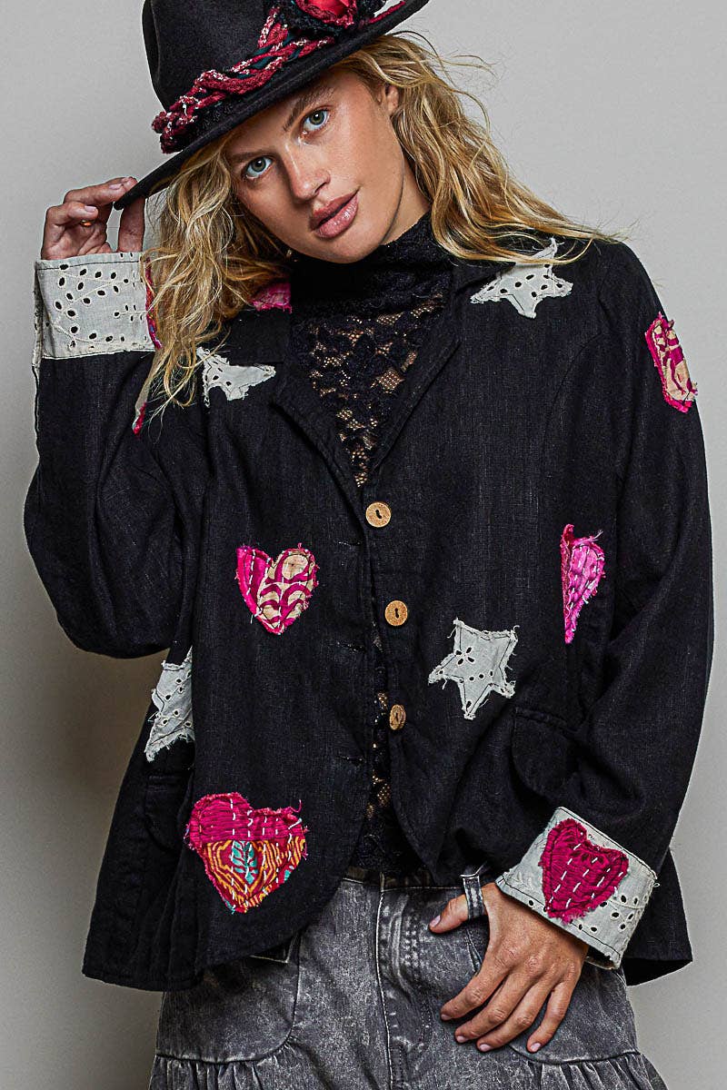 Notched Collar Star & Heart Applique Relaxed Blazer Jacket: Black