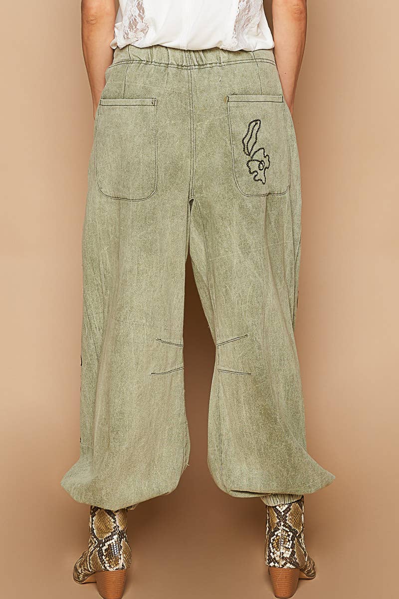Floral embroidered pattern solid twill pants: DRIED APPLE / M