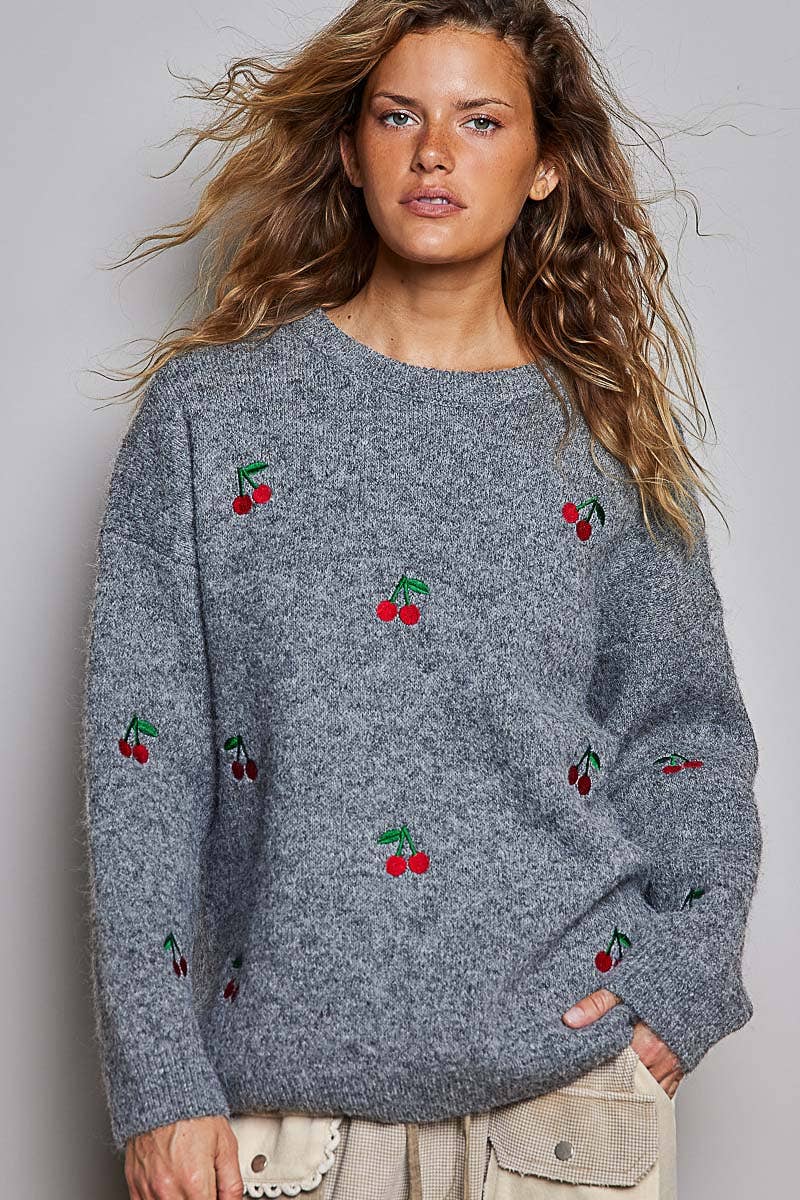 Vintage Cherry Embroidered Crew Neck Knit Oversize Sweater: GREY / OS
