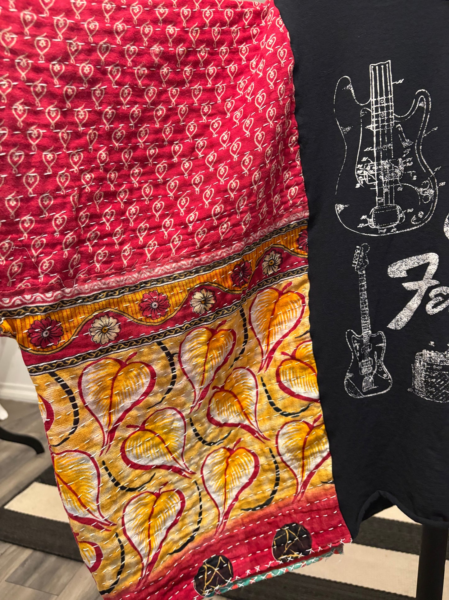 Fender Upcycled Vintage Kantha Quilt Poncho Tee One Size Fits a Large to 3X