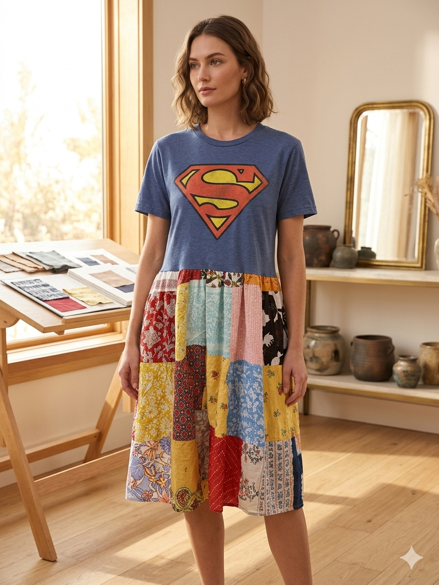 Super Hero Upcycled Patchwork Dress One Size Fits a Small to Large