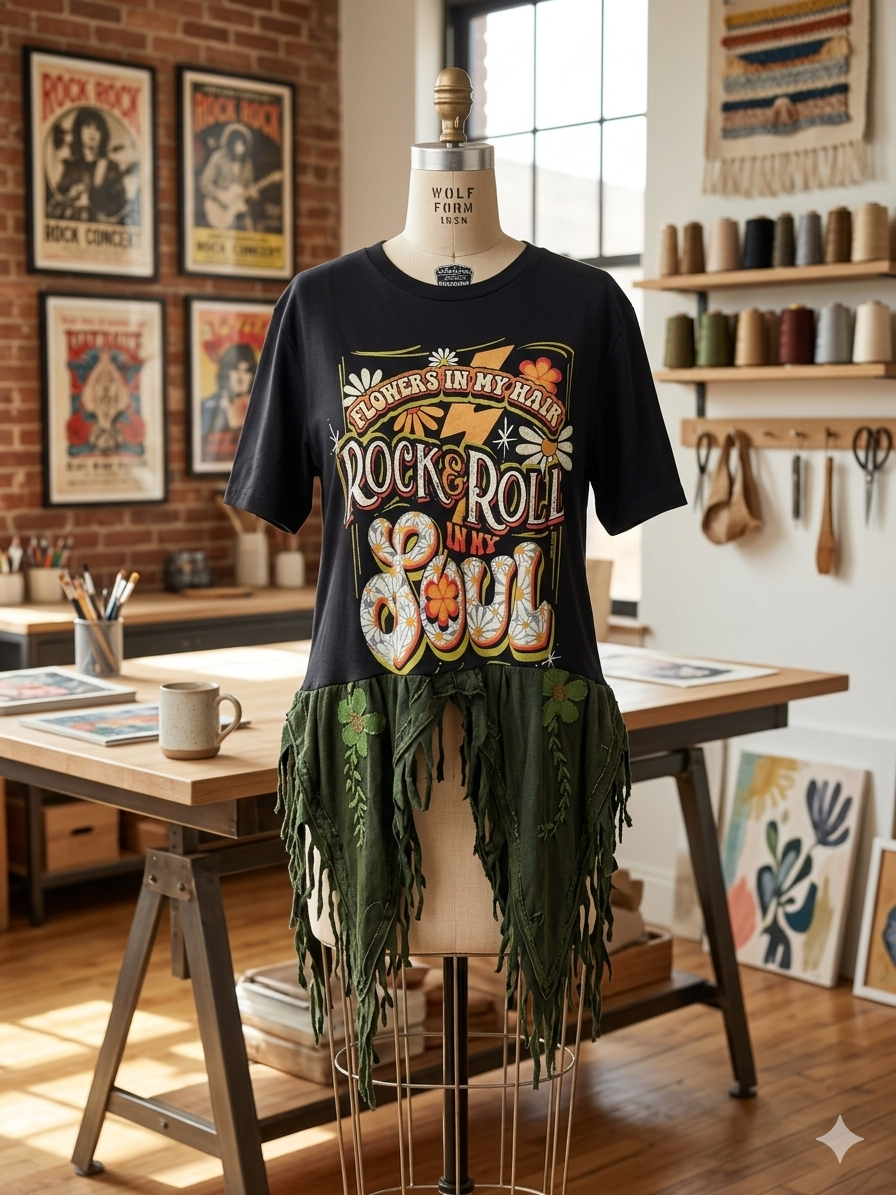 Rock and Roll Upcycled Fringed Bottom Tee Dress Fits a Small to XL