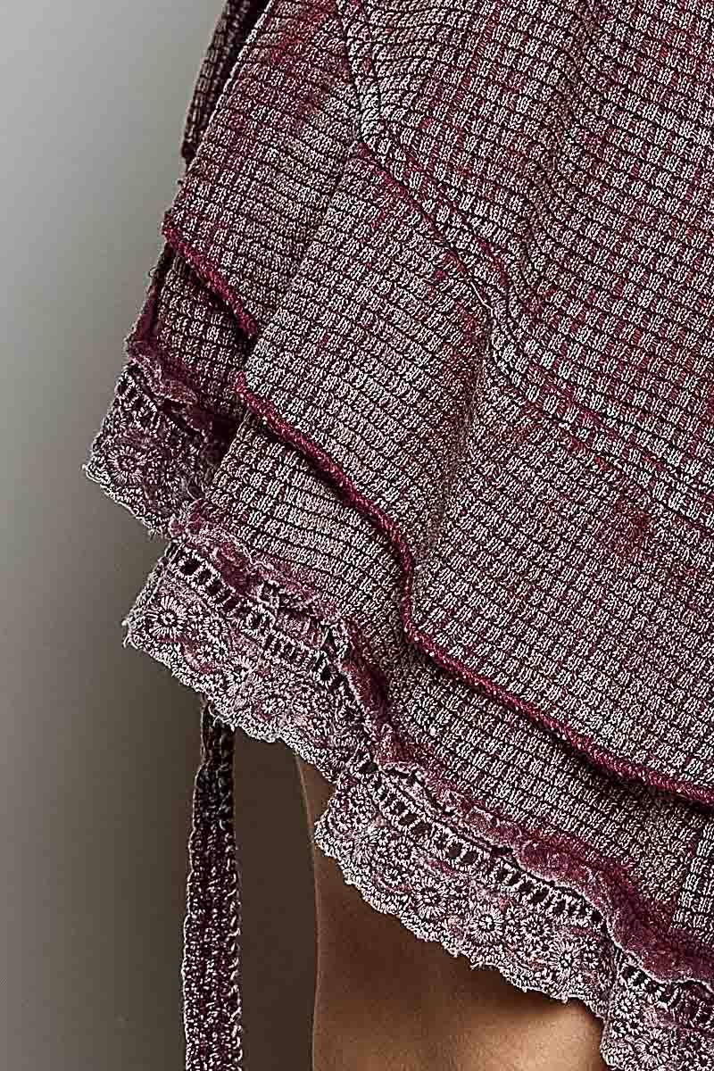 Gingham Lace Ruffle Tie Front Thermal Flared Cropped Top: BLOOD RED / M