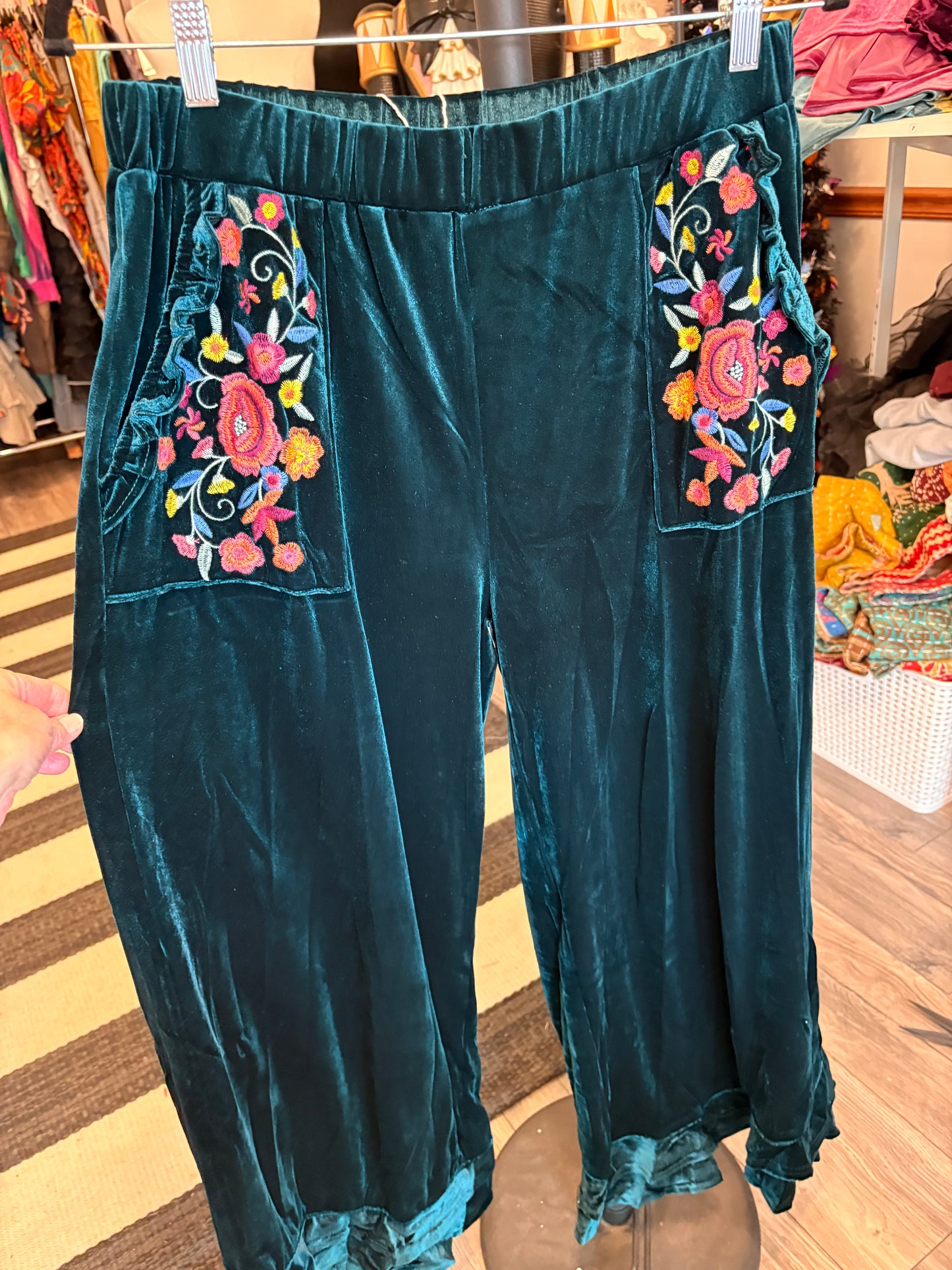 Teal Embroidered Velvet Ruffled Bottom Pants