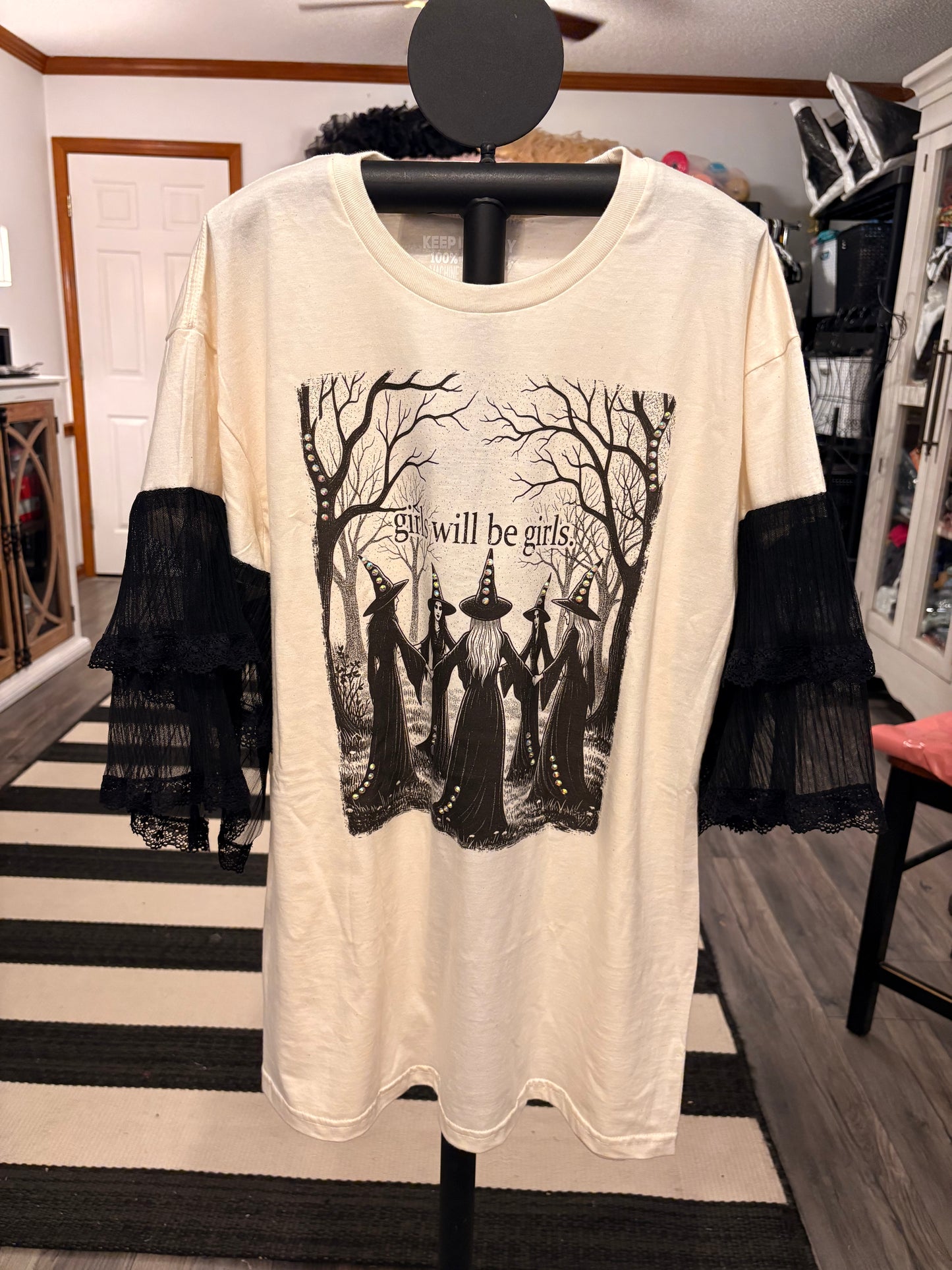 Girls Will Be Girls Rhinstone Tee with Chiffon Sleeves.. One Size Fits a Small to Large