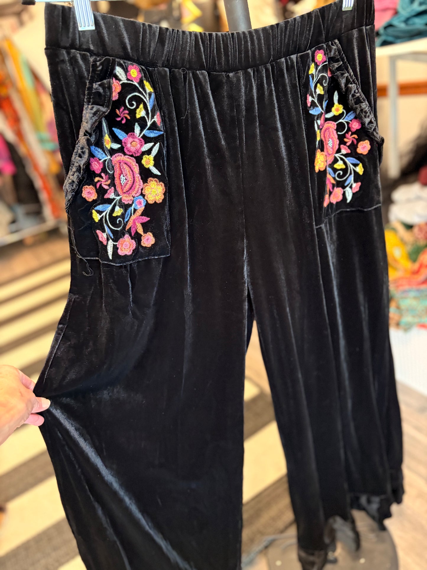 Black Embroidered Velvet Ruffled Bottom Pants