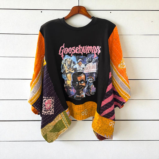 Goosebumps Upcycled Kantha Closed Side Poncho Fits a Small to 3X Super Oversized