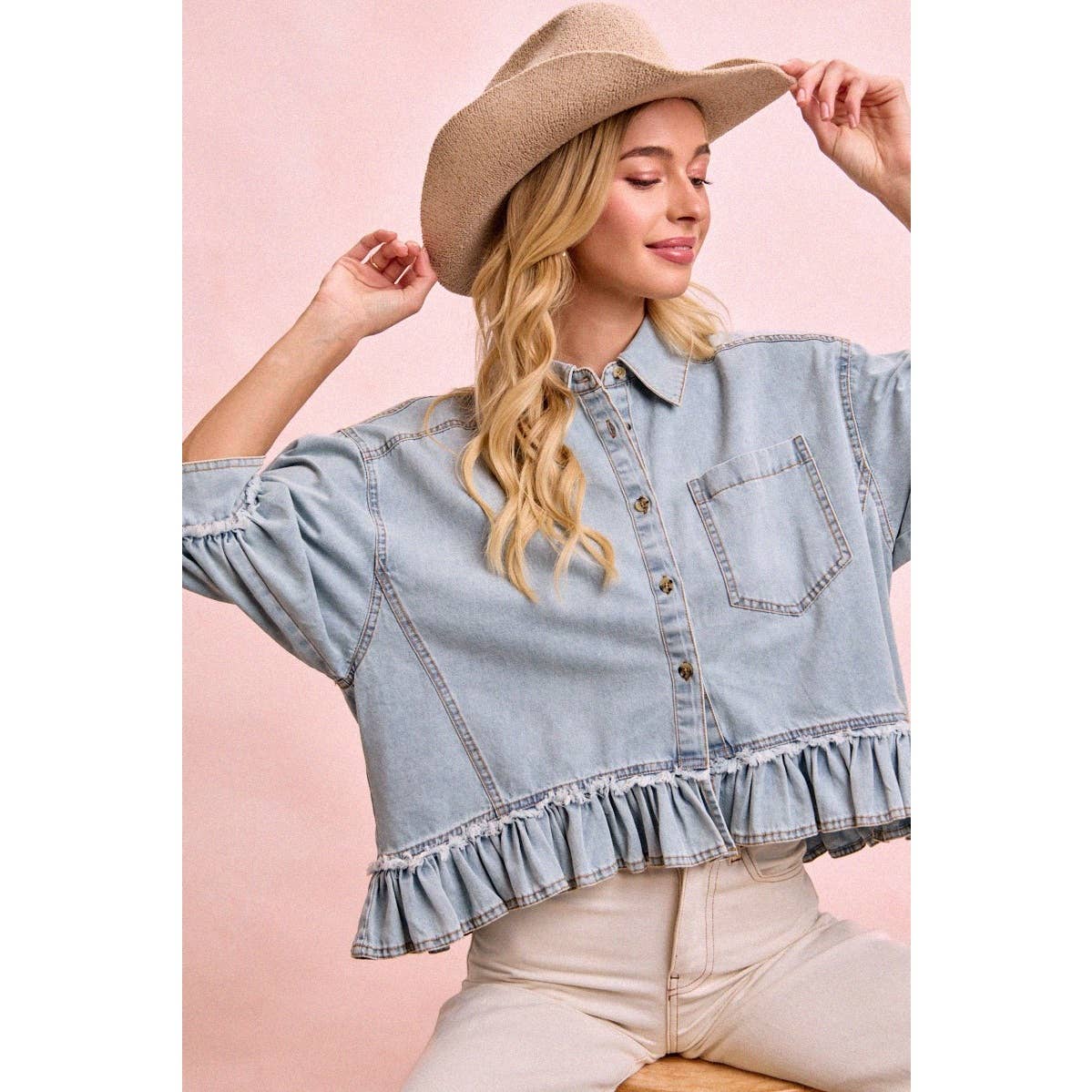 WASHED DENIM RUFFLED HEM BUTTON UP SHIRT: WASHED DENIM / S-XL
