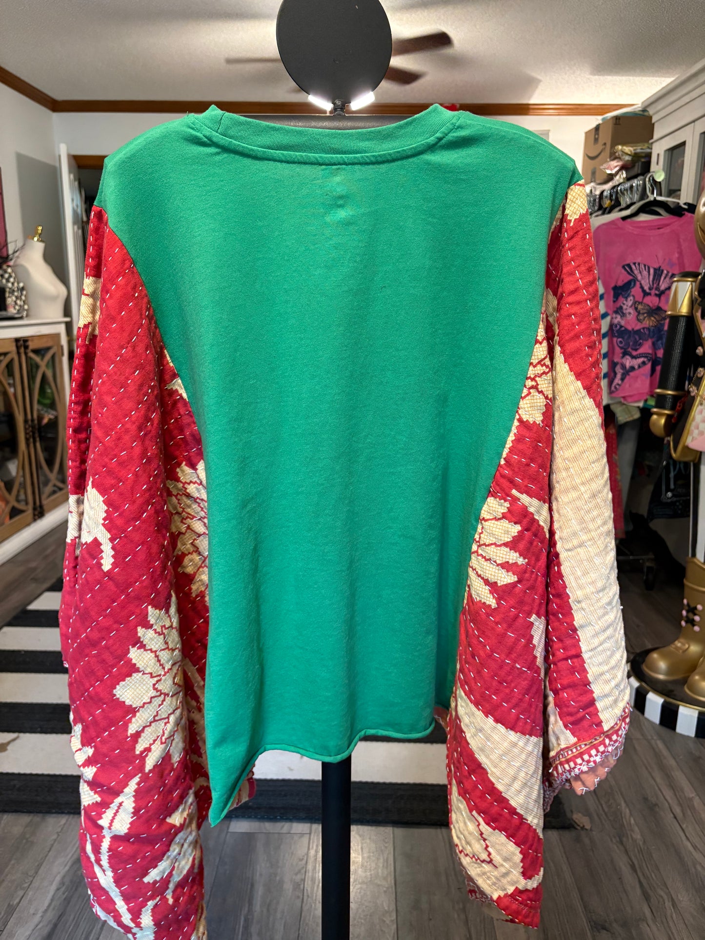 Santa’s Coming Upcycled Vintage Kantha Poncho Tee Fits A Size Small to XXL