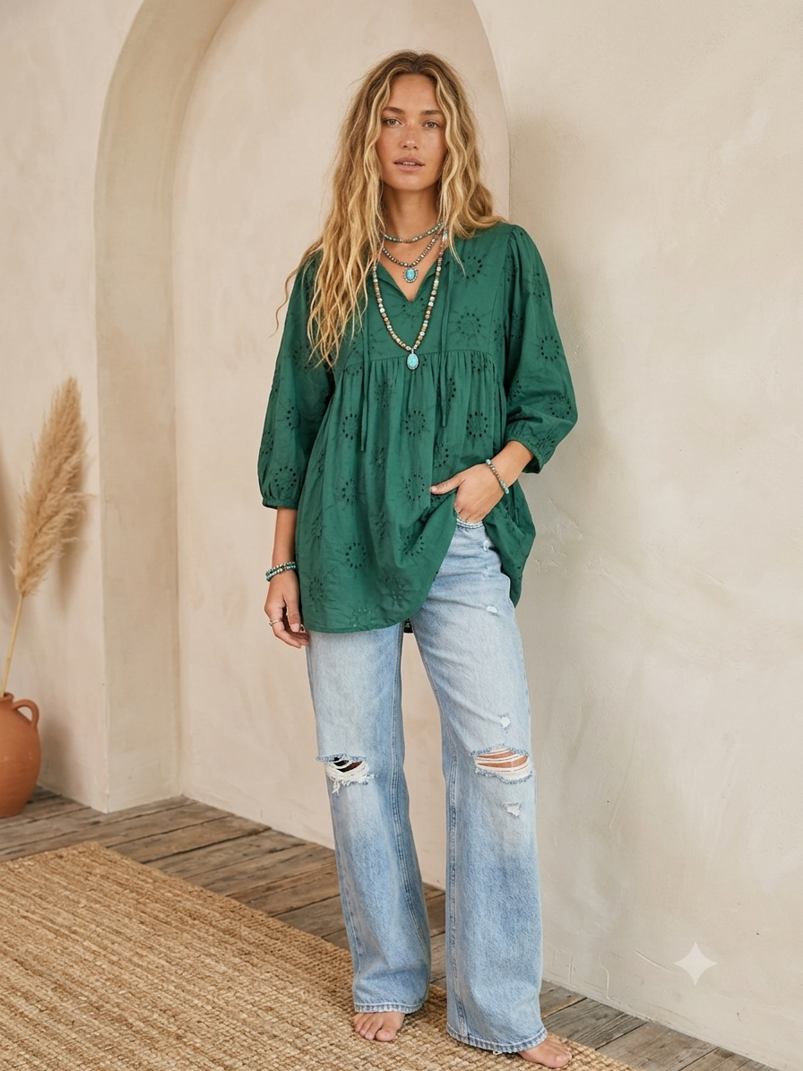 Hunter Green Eyelet Top Large