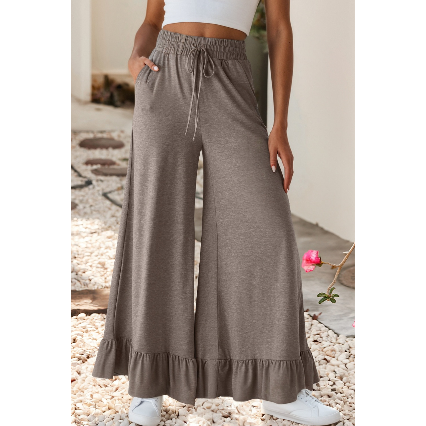 LDC Ruffled Wide Leg Pull On High Waist Pants: Black / S