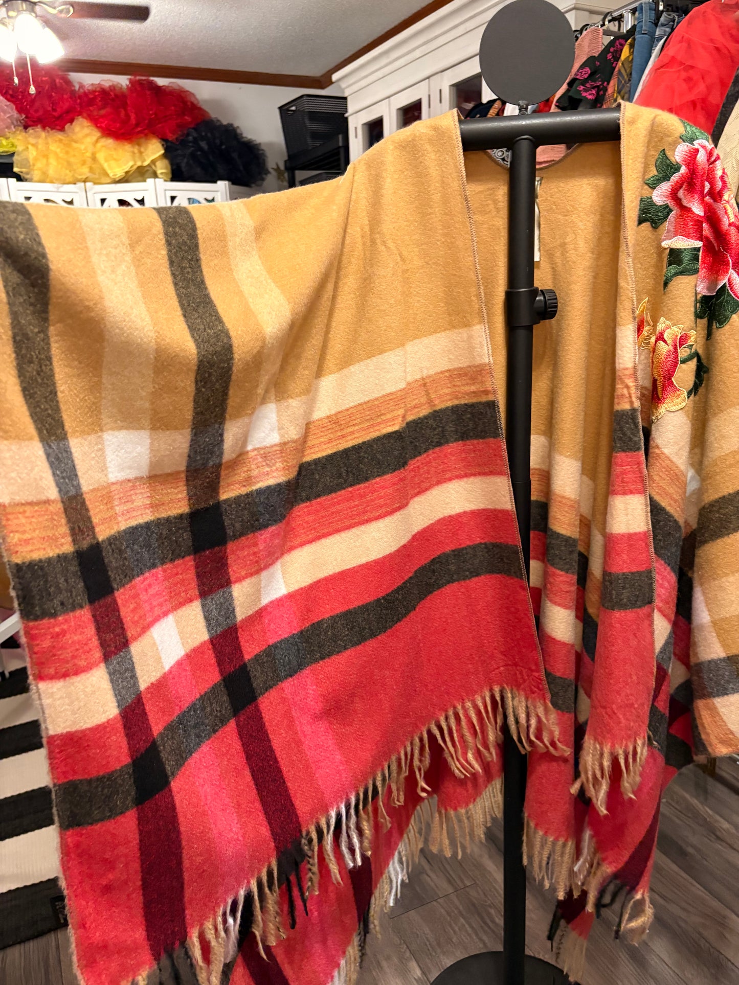 Flora Plaid  Hand Embroidered Cape by Aratta One Size Fits a Small to 3X