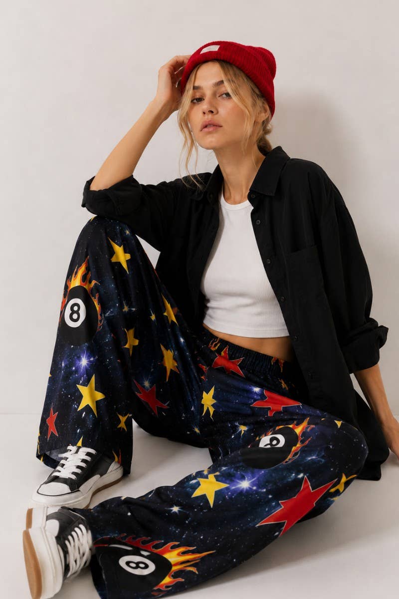 GALAXY 8-BALL PRINT WIDE LEG PANTS: DARK NAVY