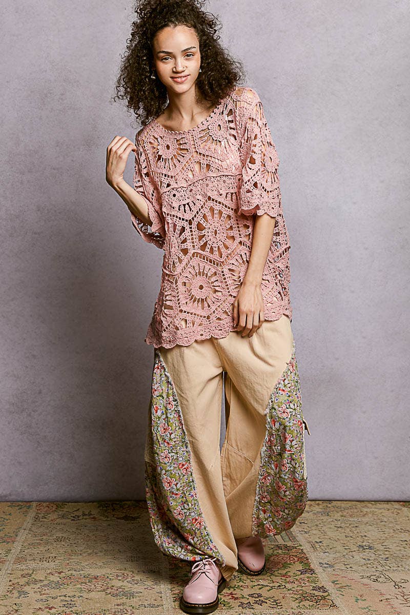 Round Neck Weaving Pattern Crochet half sleeve Top: OLIVE / One Size Fits Small to XXL