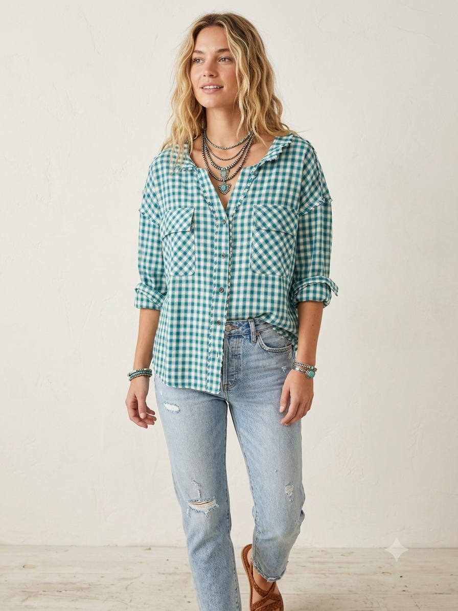 Teal Gingham Button Down Large