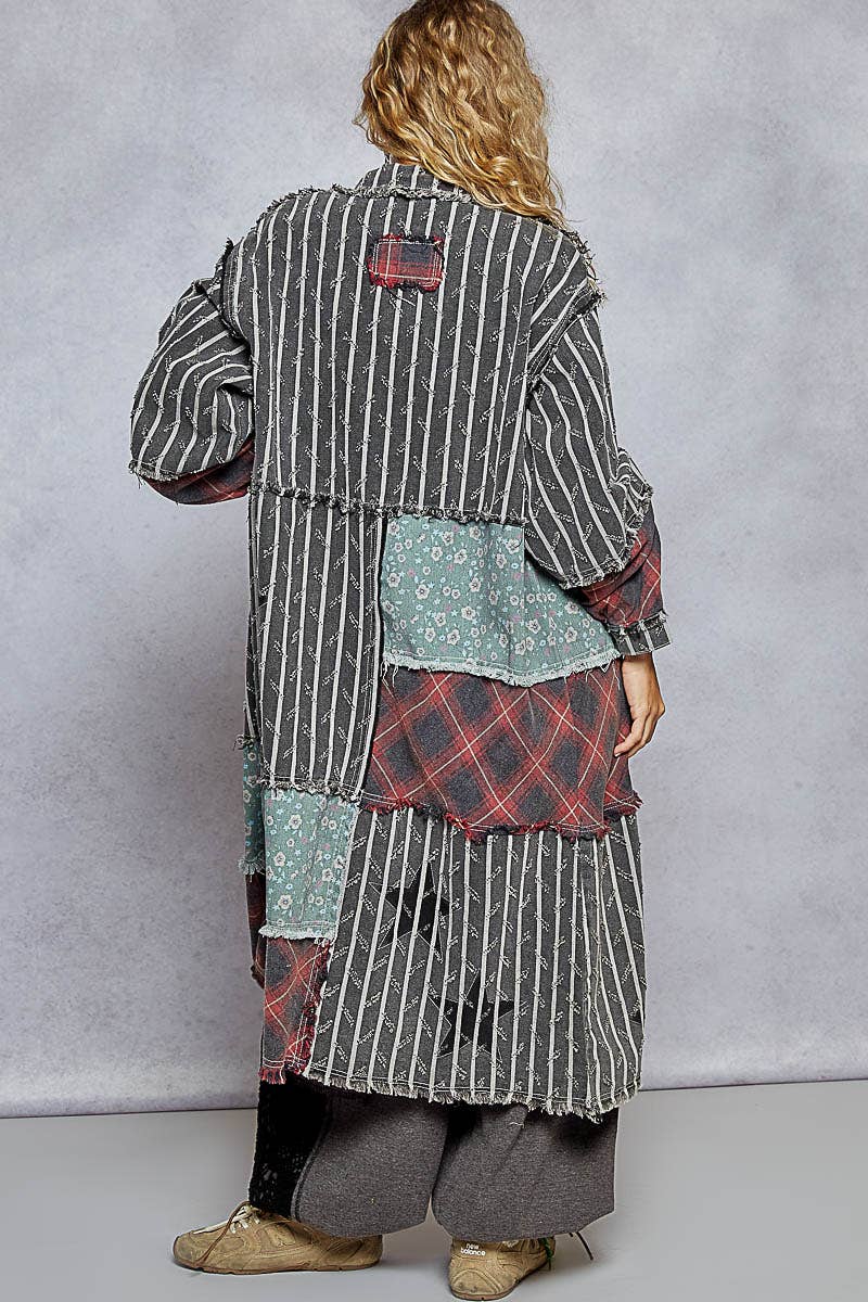 Star patches color block long button down jacket: BLACK STRIPE Medium