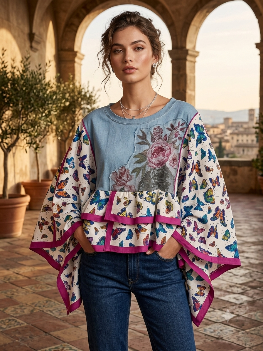 Butterflies and Flowers Bandana Ruffled Poncho One Size Fits a Small to XXL