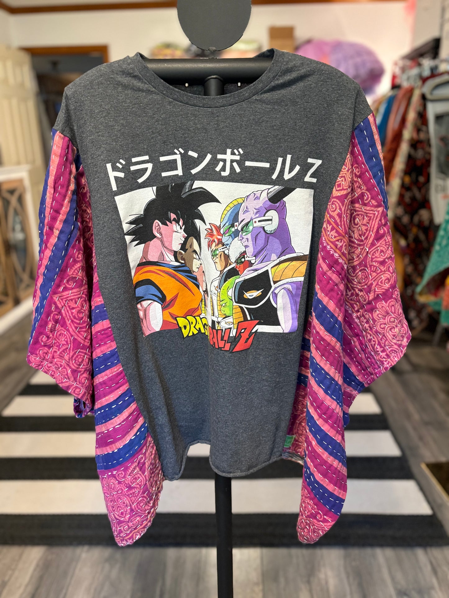 Dragon Ball Z Upcycled Vintage Kantha Poncho Tee Fits A Size Small to XXL