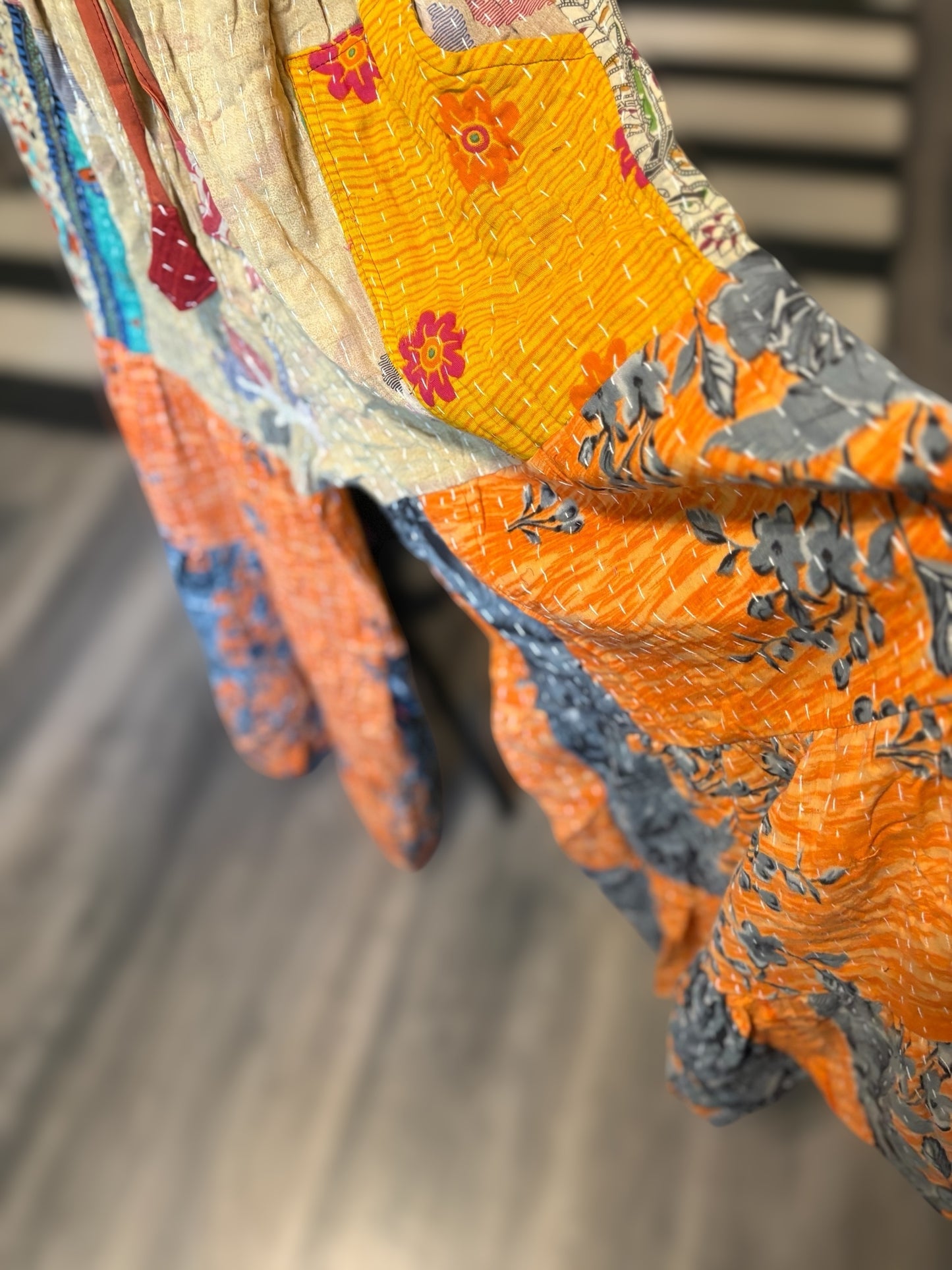 Corrin Kantha Flowy Tiered Reversible Palazzo Pant with Pockets: One Size Fits Size 6-16