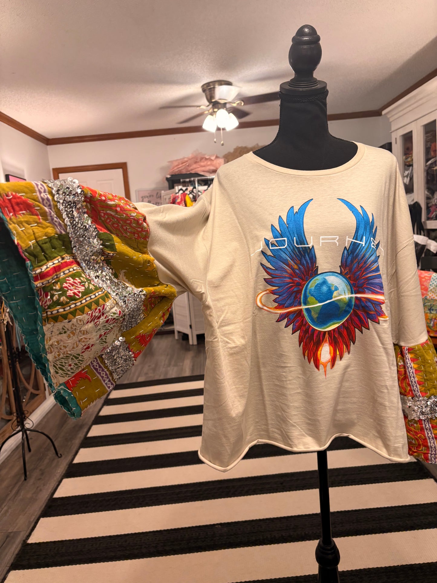 Don’t Stop Believing Sparkle Sleeve Tee One Size Fits a Small to XXL