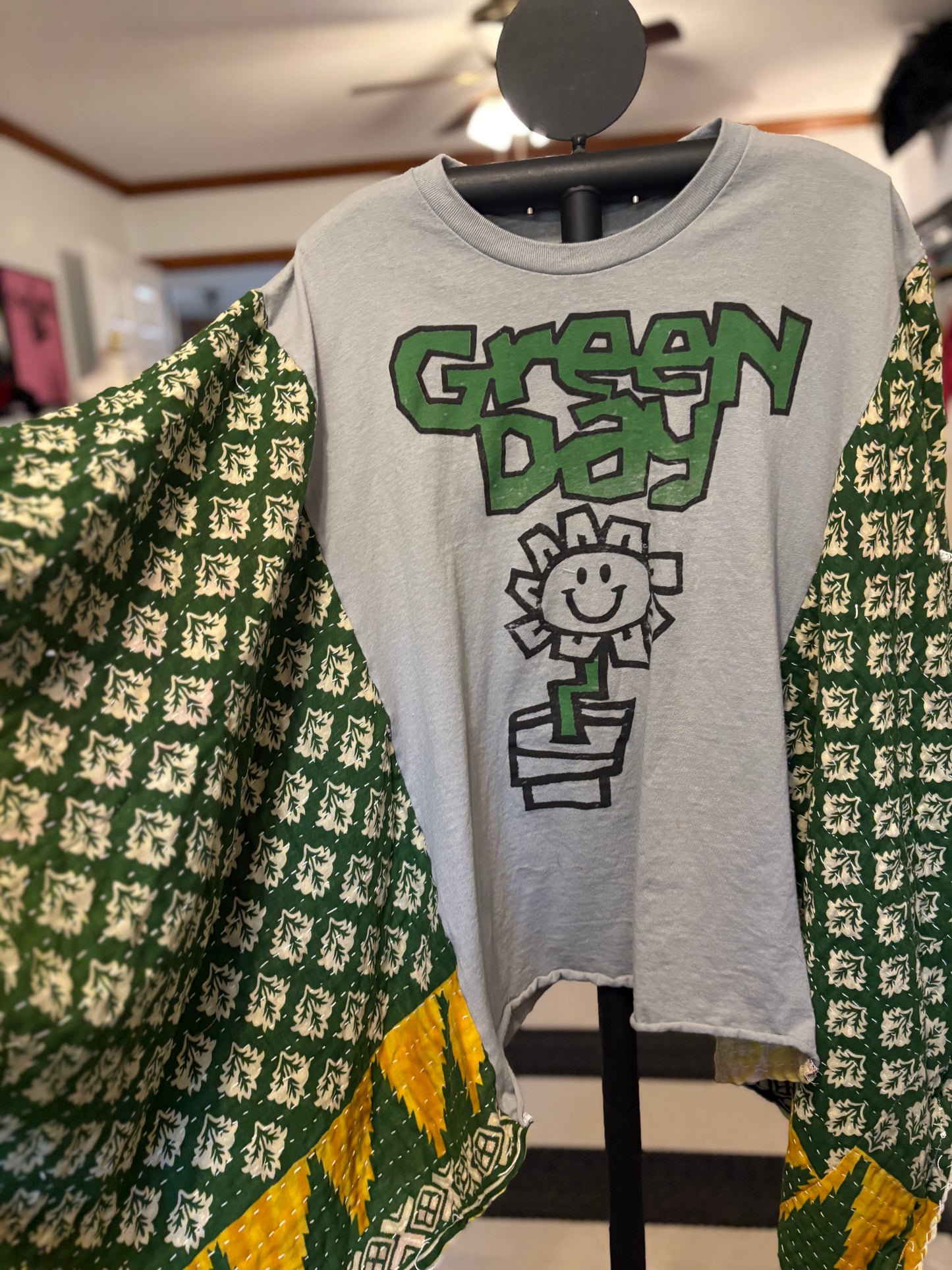 Green Day Upcycled Vintage Kantha Poncho Tee One Size Fits a Large to 3X