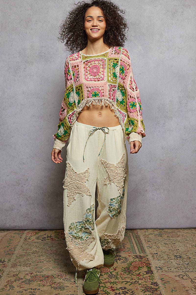 Round neck long sleeve crochet cropped fit top: PINK MULTI / OS