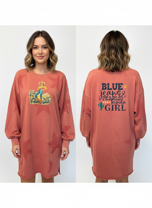 Blue Jeans and Pearls Upcycled Oversized Star Distressed Sweatshirt Long Length Fits Medium-Large